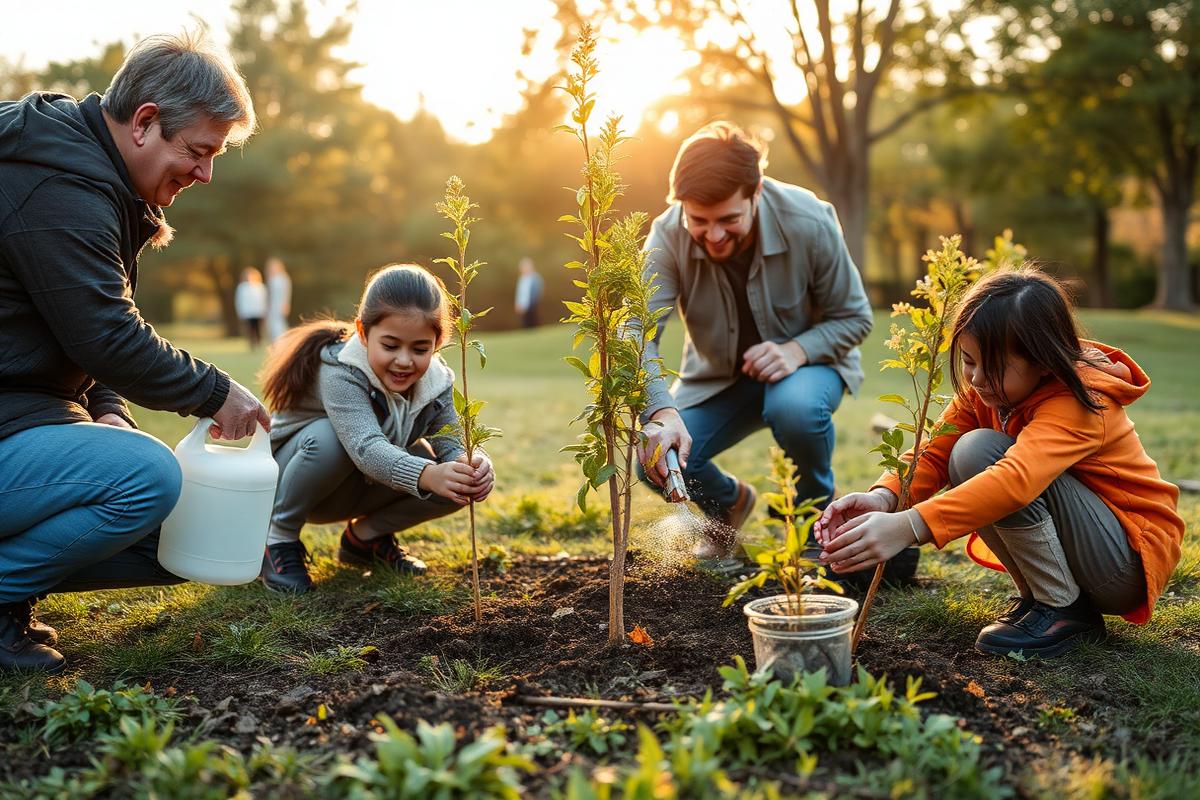 Family planting saplings together